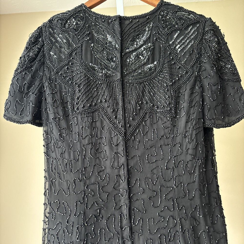 Vintage Papell Boutique Evening 100% Silk Beaded Midi Dress Formal Size 8 Black - Picture 5 of 7